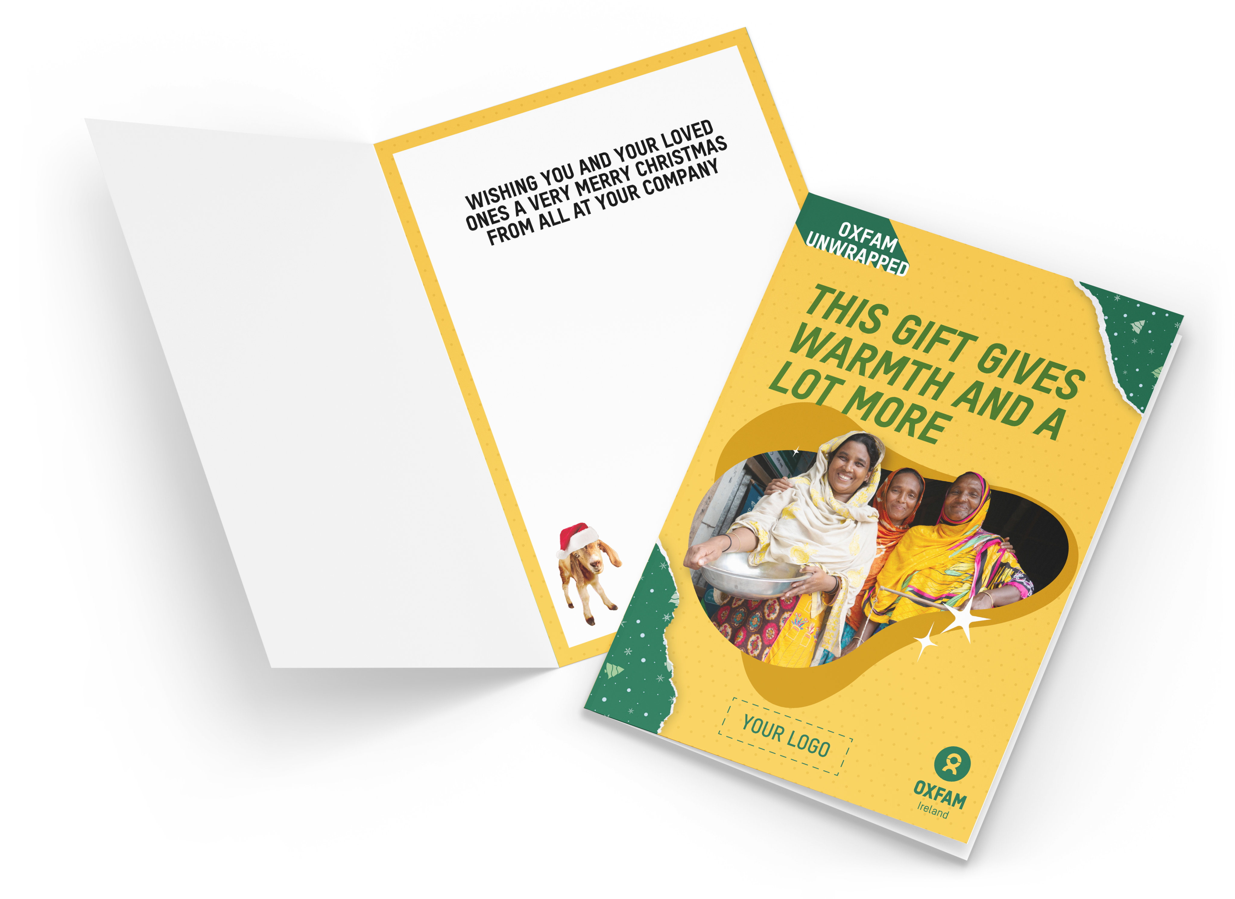 a mock-up image of the Oxfam Corporate Gift, the gift of stoves. The tag line reads "This gift gives warmth and a lot more" above of a picture of 3 women ready to cook. The background is of a festive yellow as well as some dark green Christmas paper on two corners. The inside showcase a little goat with a Christmas hat and the message "wishing you and your loved ones a very merry Christmas from all at -your company"