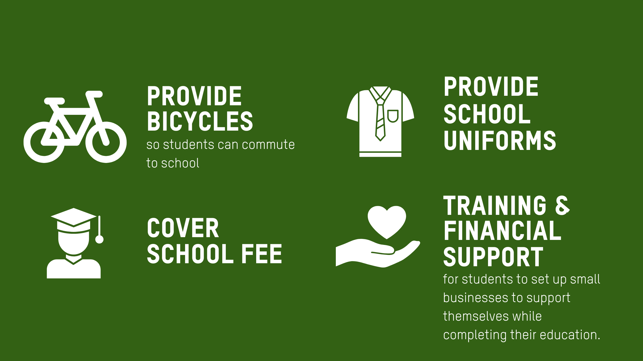 Icon wall with this overview text. Provide bicycles so students can commute to school •	Cover school fees and provide school uniforms •	Provide training and financial support for students to set up small businesses to support themselves while completing their education.