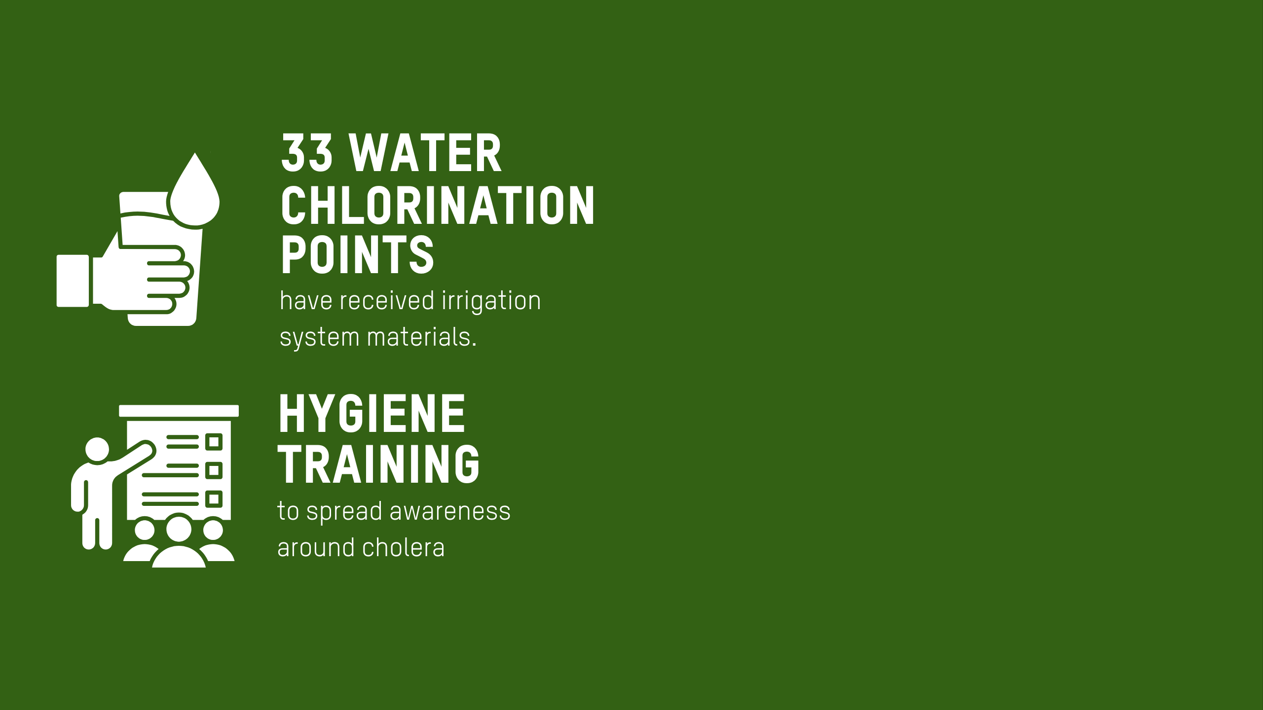 Same background as the previous image but this time there is a new icon added:  atraining icon. Text reads: “Hygiene training to spread awareness around cholera”