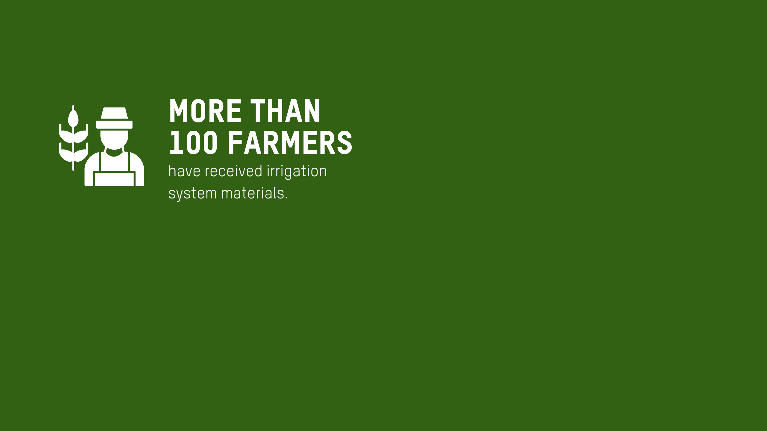 Icon wall with this overview text. 	More than 100 farmers have received irrigation system materials. •	150 farmers in southern Gaza received vouchers for essential farming supplies. •	130 households in Gaza City received 1000-litre water barrels for home gardening. •	Rehabilitated seedling nurseries to boost food production to boost food production.