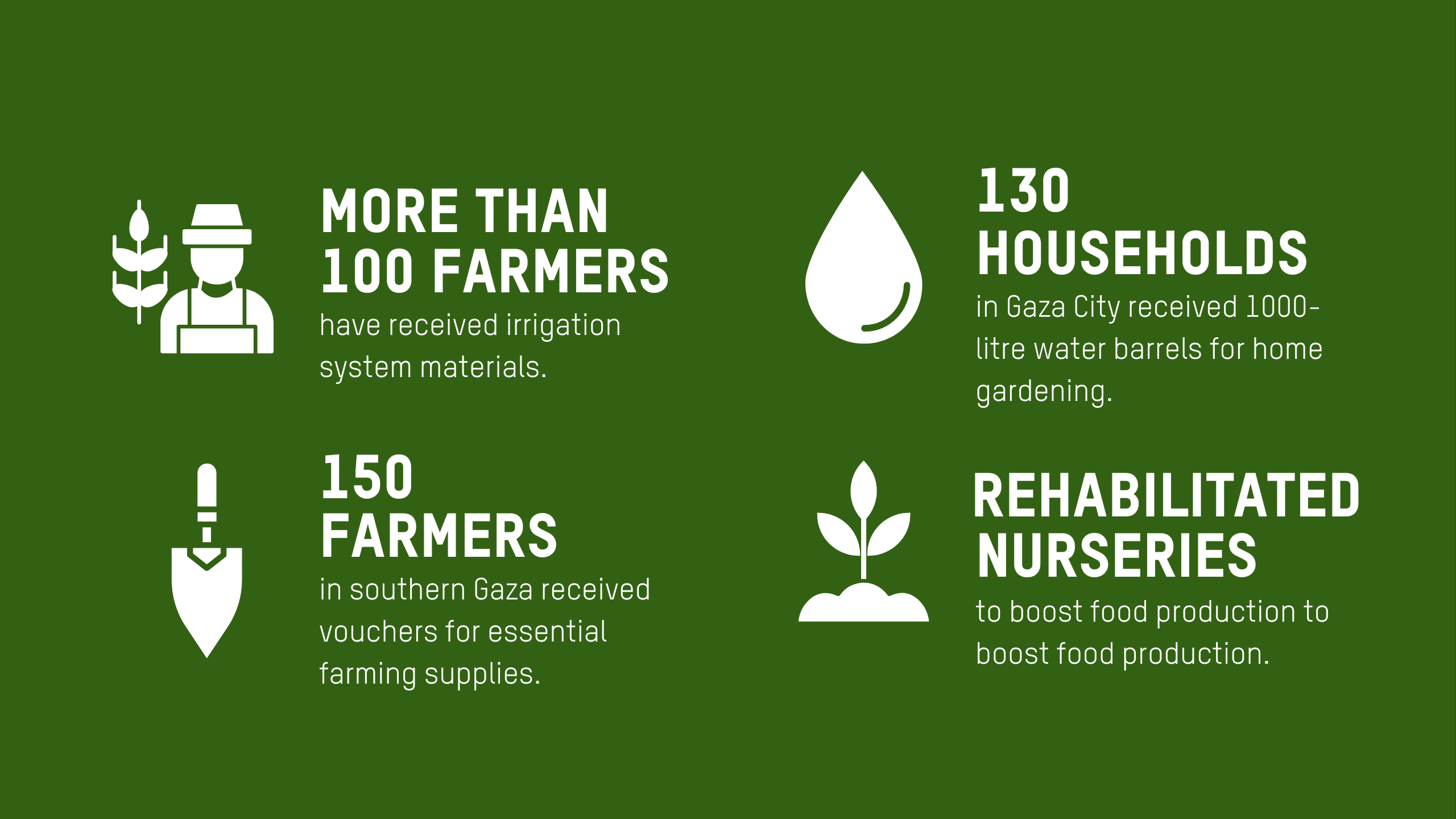 Icon wall with this overview text. 	More than 100 farmers have received irrigation system materials. •	150 farmers in southern Gaza received vouchers for essential farming supplies. •	130 households in Gaza City received 1000-litre water barrels for home gardening. •	Rehabilitated seedling nurseries to boost food production to boost food production.