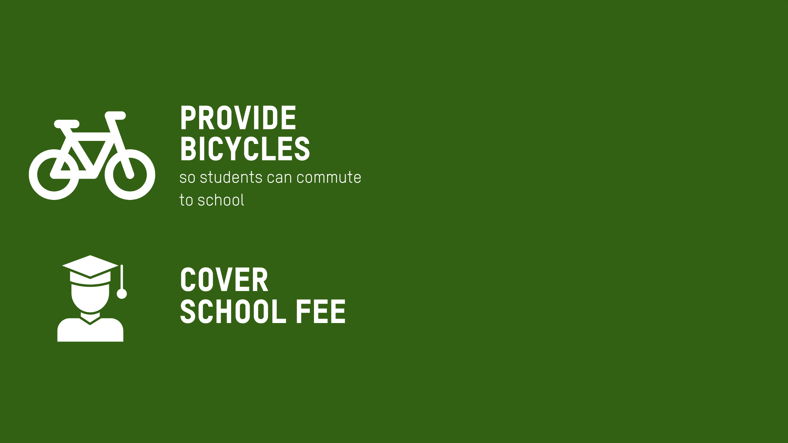 Icon wall with this overview text. Provide bicycles so students can commute to school •	Cover school fees and provide school uniforms •	Provide training and financial support for students to set up small businesses to support themselves while completing their education.