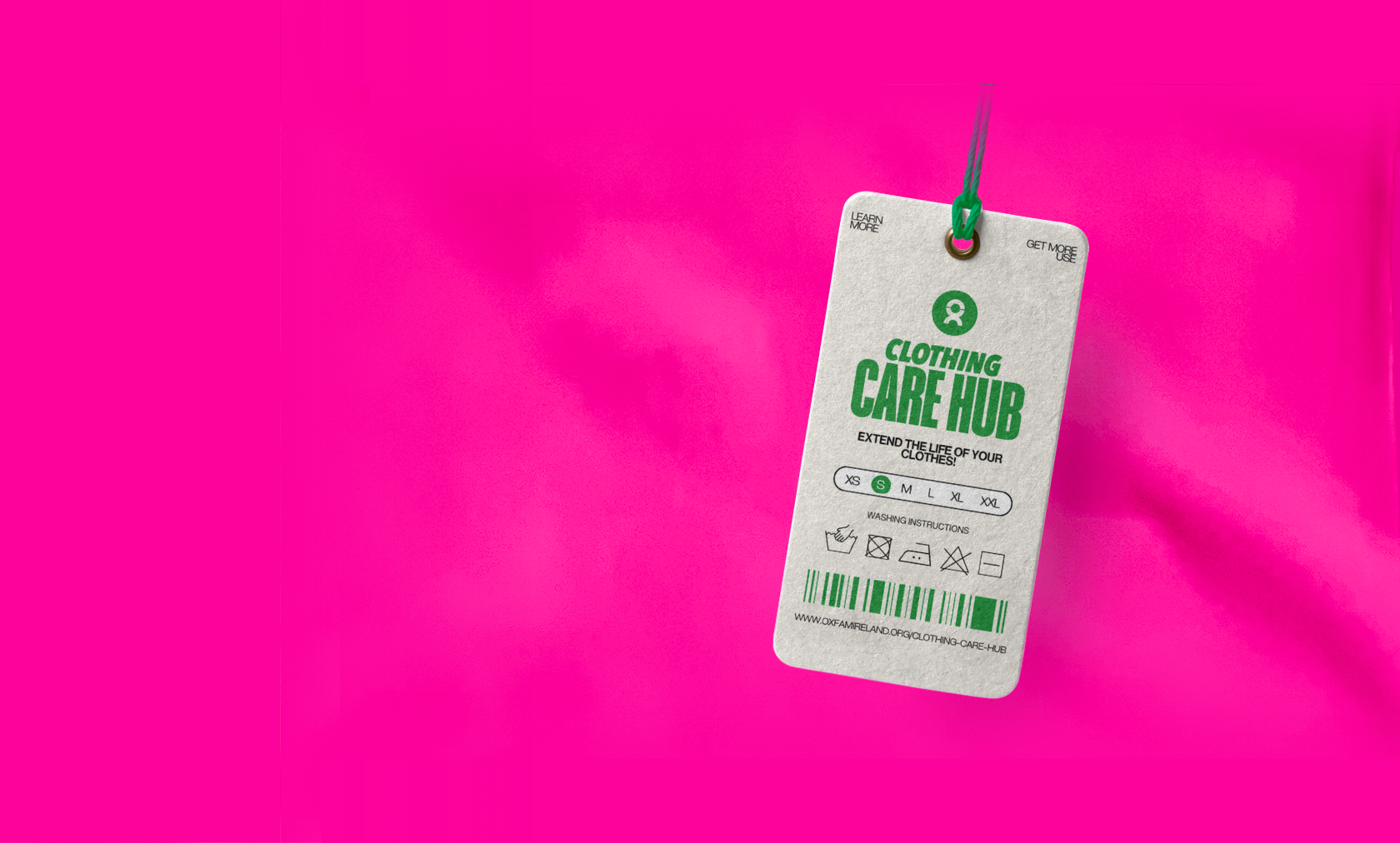 Bright blue Oxfam Ireland graphic with bold white text reading “Clear the Closet.” A green t-shirt graphic is shown on the left and a green open box graphic on the right, with scattered green paint splatter accents across the background.